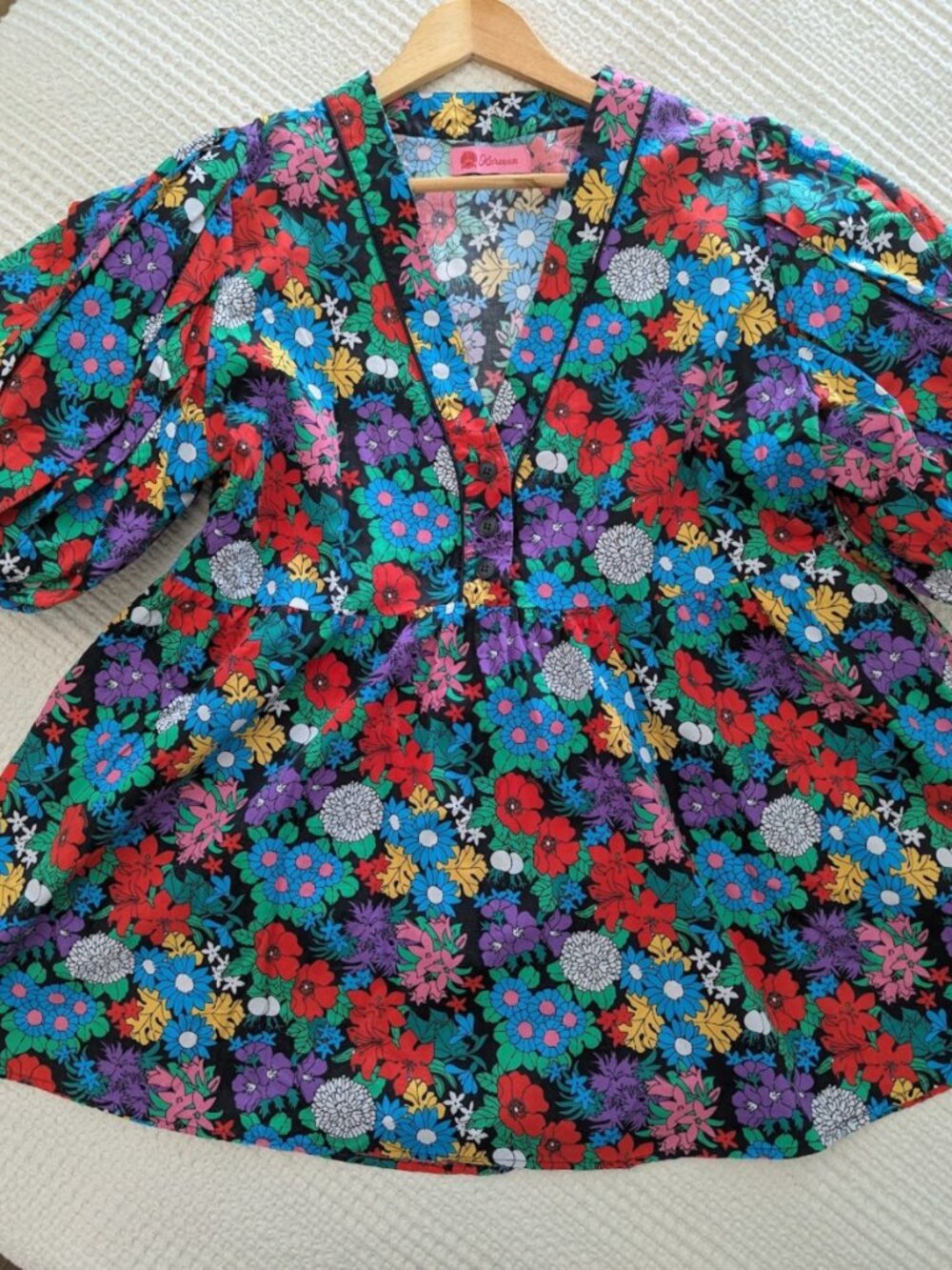Floral Cotton Puff Sleeve Mini Tunic Dress Oversized - Picture 12 of 16